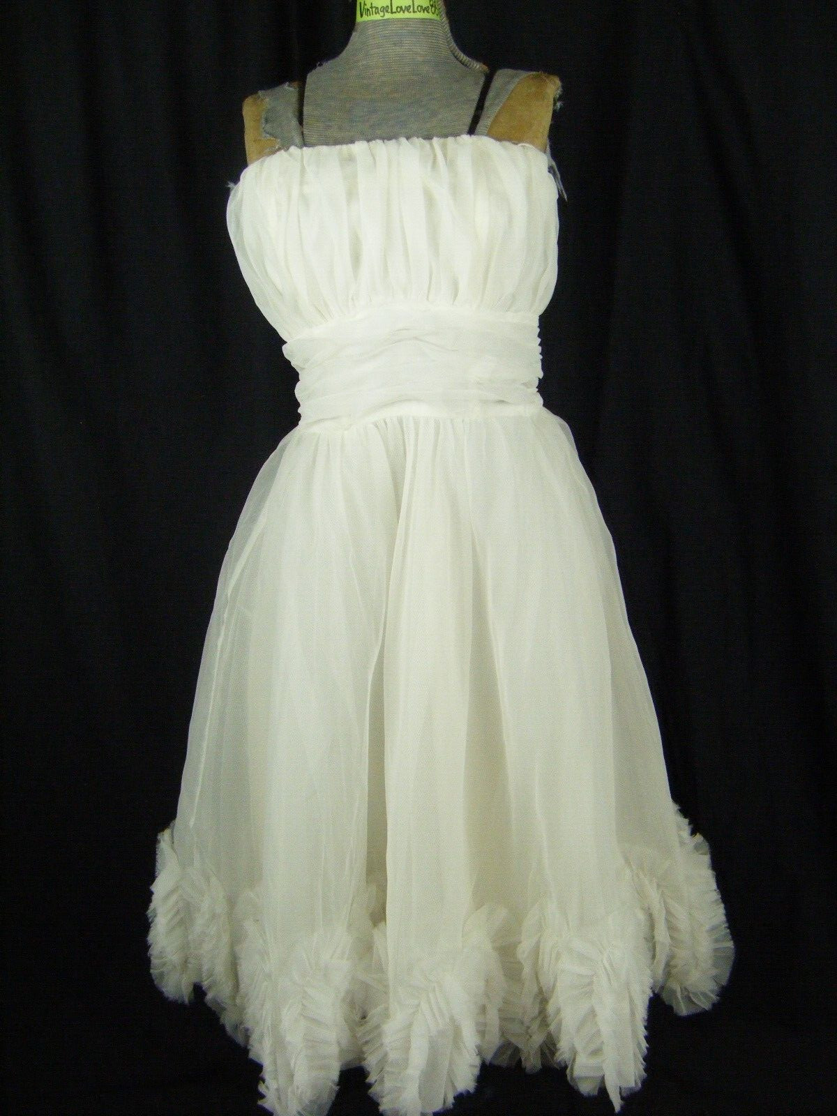 Vtg 50-60s White Strapless Wedding Prom Party Dress w/Ruffle Hem-Bust 34/2XS-XS