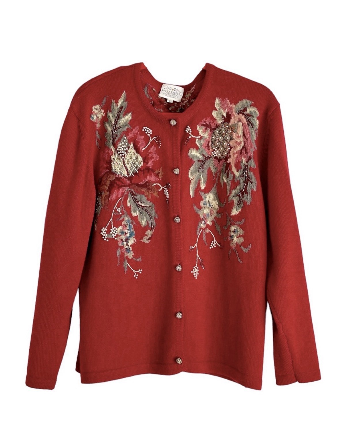 Susan Bristol Vintage Dark Red w/Hand Embroidery And Gold Bead Accents – Sz L