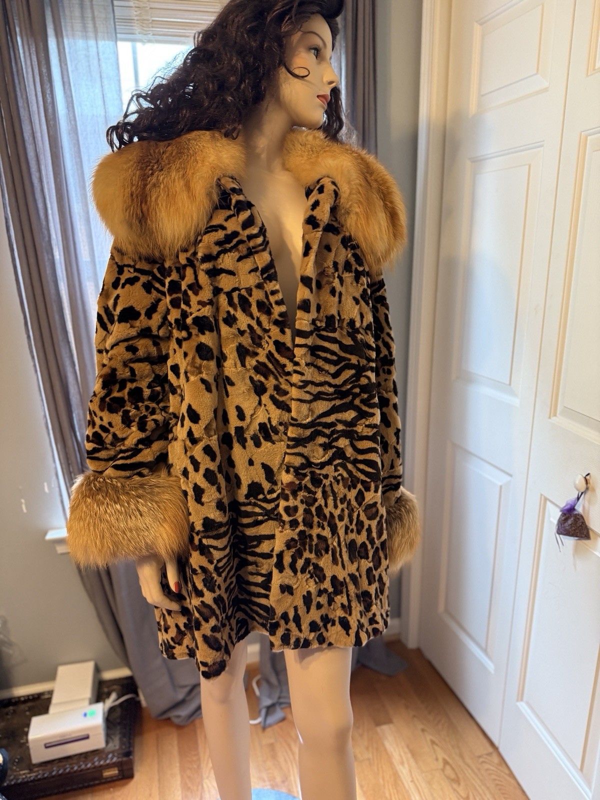 Birger Christensen Leopard Print Sheared Mink Fur Coat w/ Fox Collar & Cuffs M