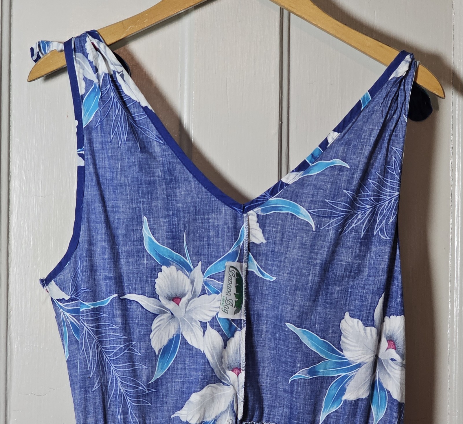 VGT 90s Banana Bay Dress Size M Blue Cotton Tropical Floral Hawaiian Hibiscus