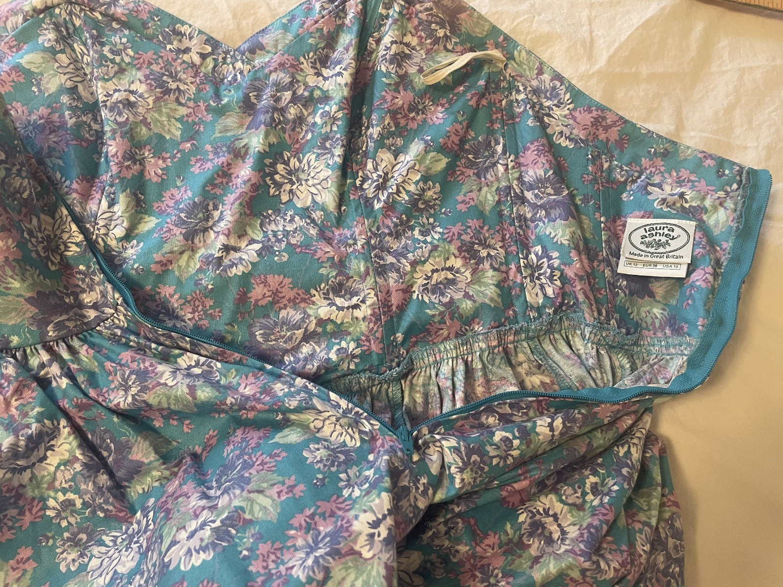 Laura Ashley Vintage 90s Floral Strapless Dress Aqua Purple US Sz 10 runs small