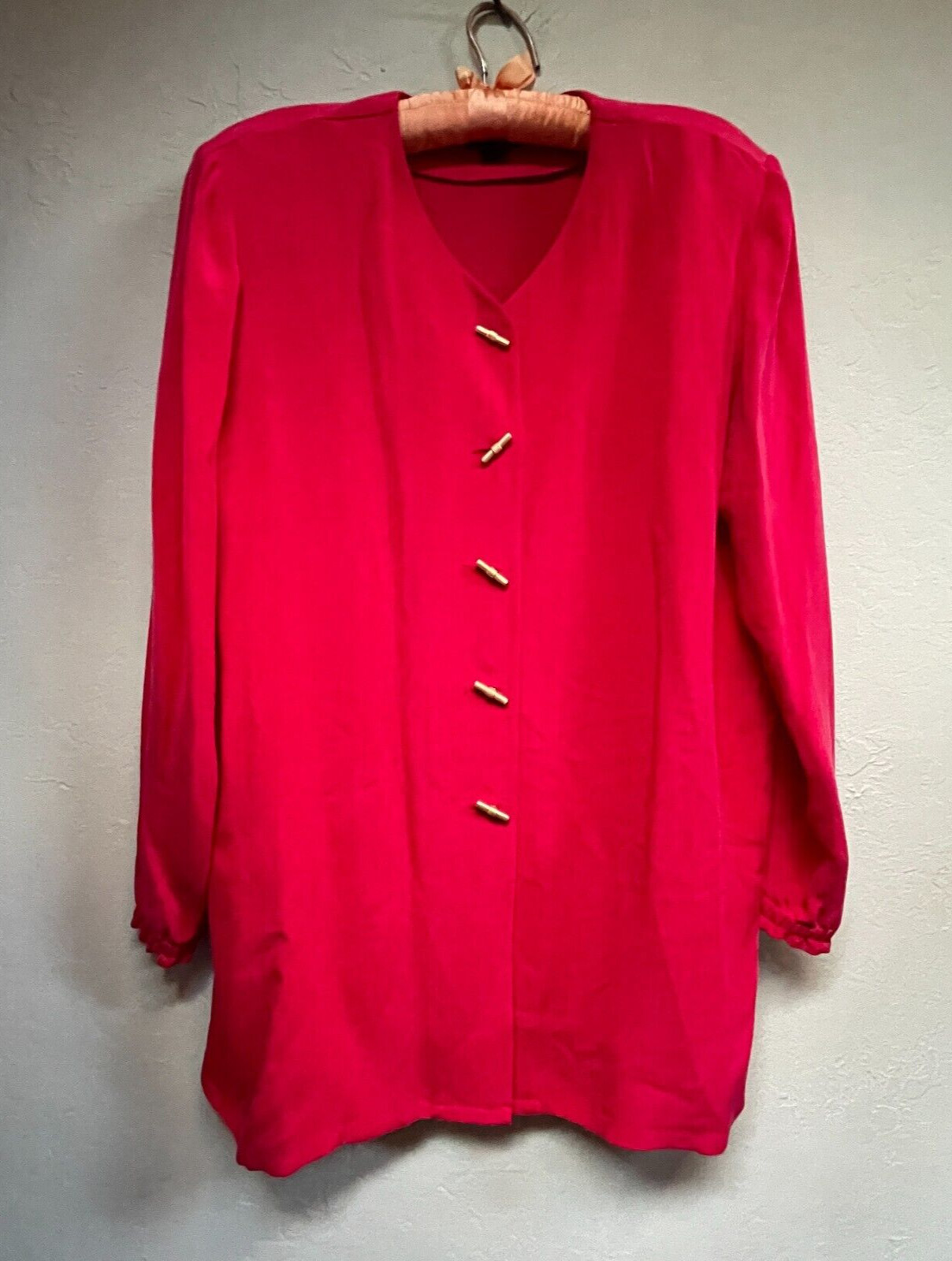 Vintage Shomi Women&rsquo;s Gold Buttons Silk Long Sleeve Shirt Tunic Top Red Size 12