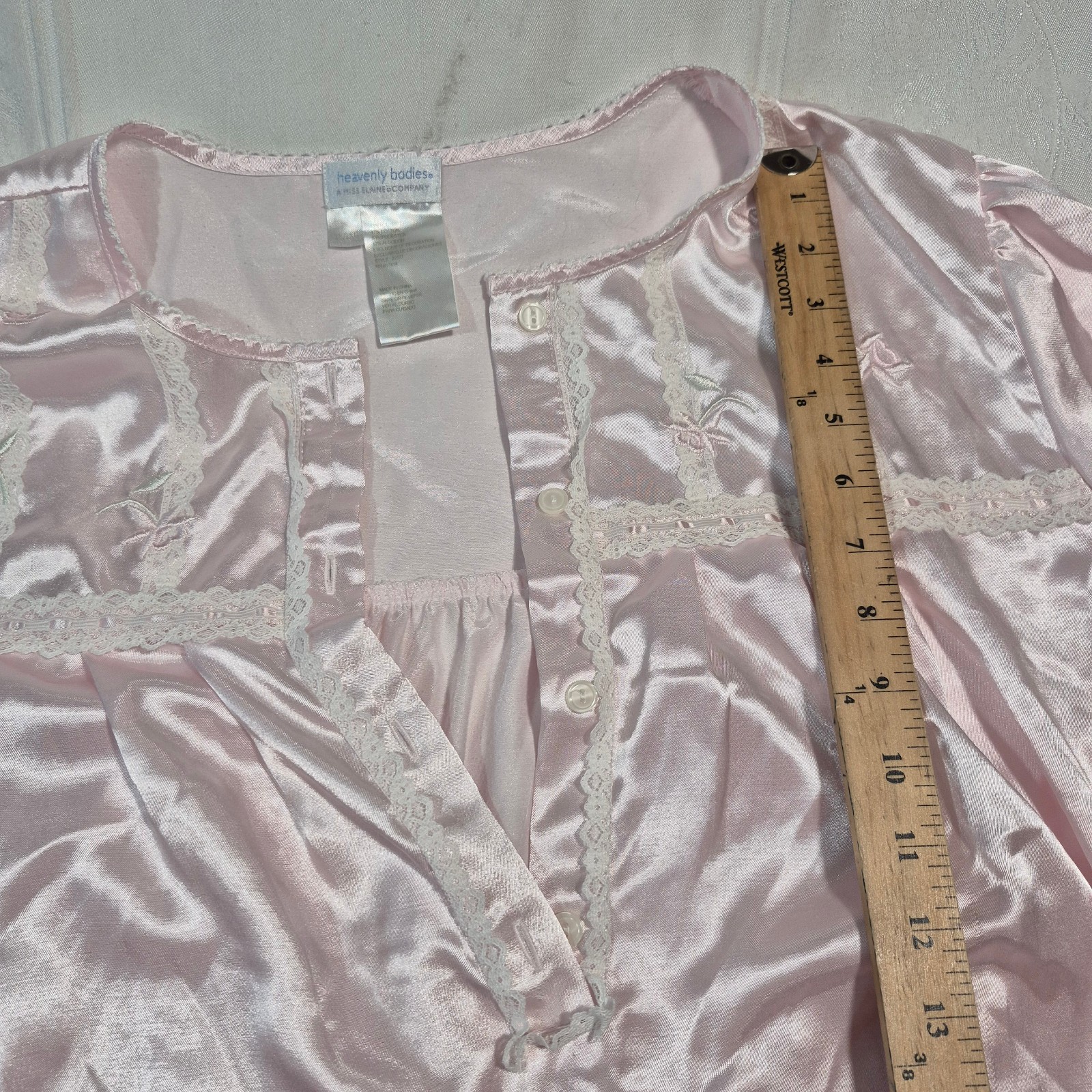 VTG Heavenly Bodies Miss Elaine Pink Satin Nightgown Lace Trim Cottagecor 2XL