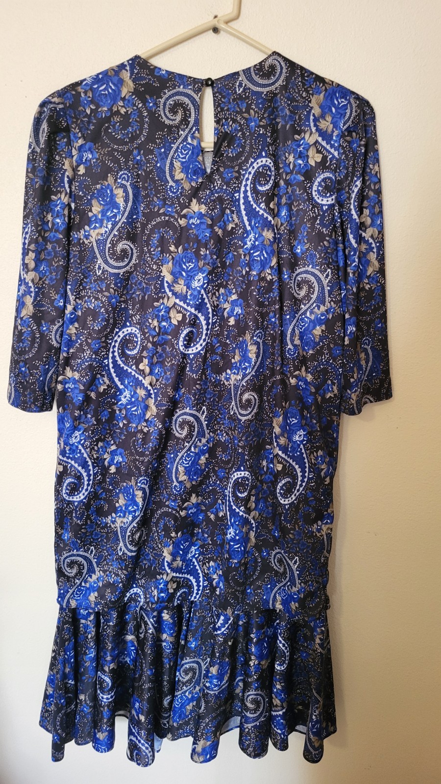 Vintage Risa Ann NY Blue Paisley Pleated Party Dress 14.5 Key Hole Back 80s 90s