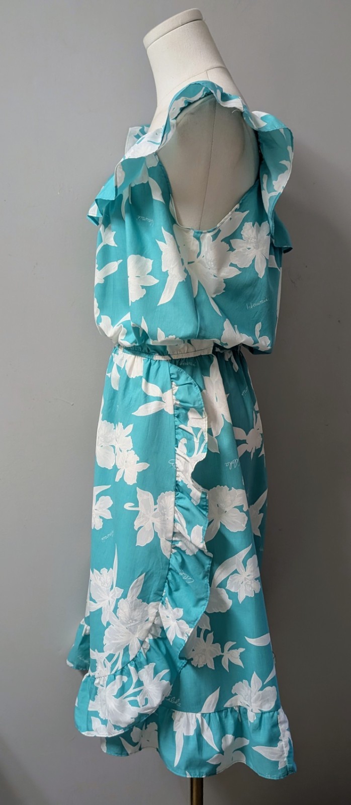 Vintage 70&rsquo;s Basically Hawaiian Aqua White Side Ruffle Dress Made In Hawaii M