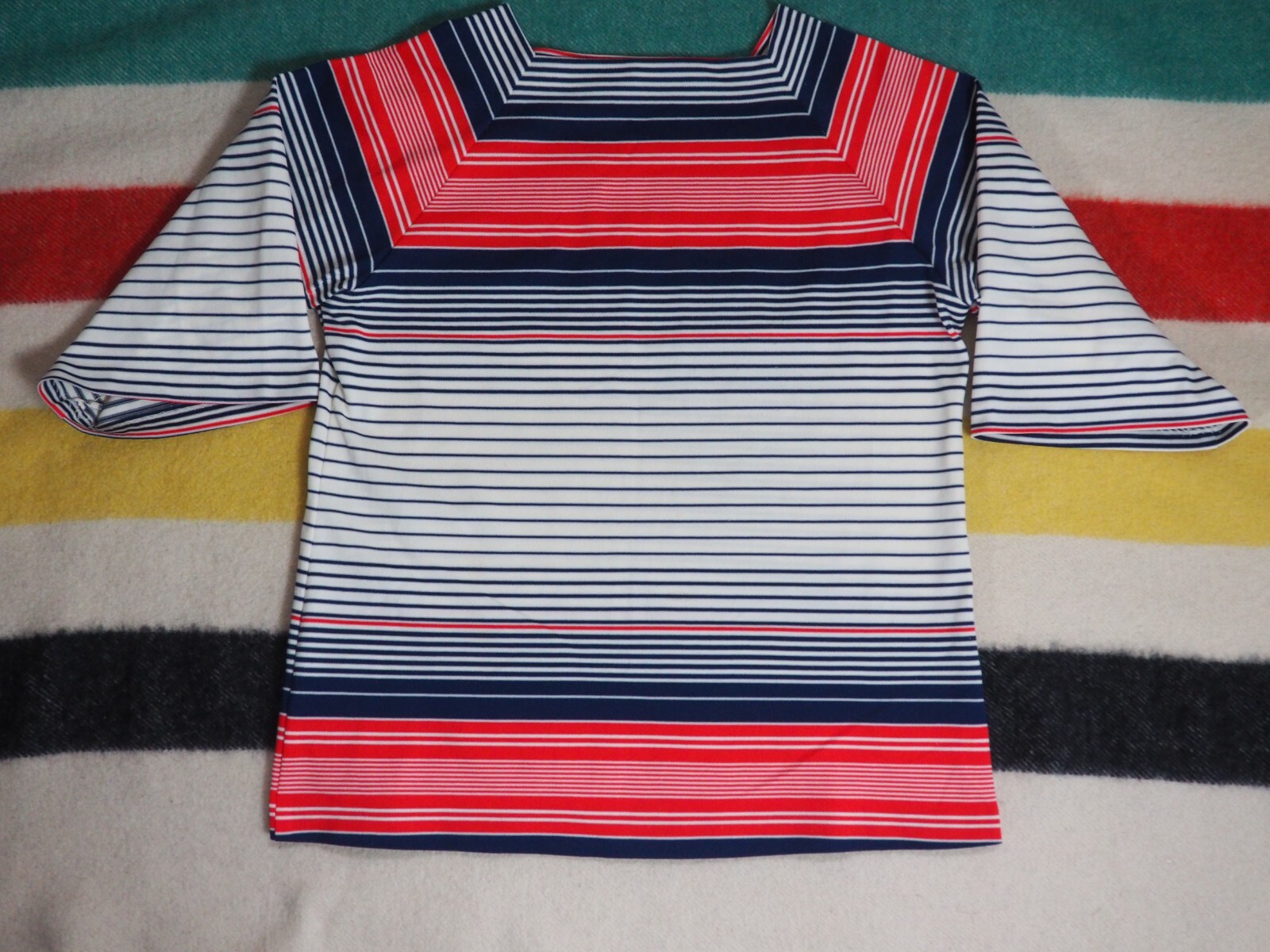 VTG 70s Penneys Red White Blue Poly Disco Hippy Retro Bell Tunic Top Shirt L