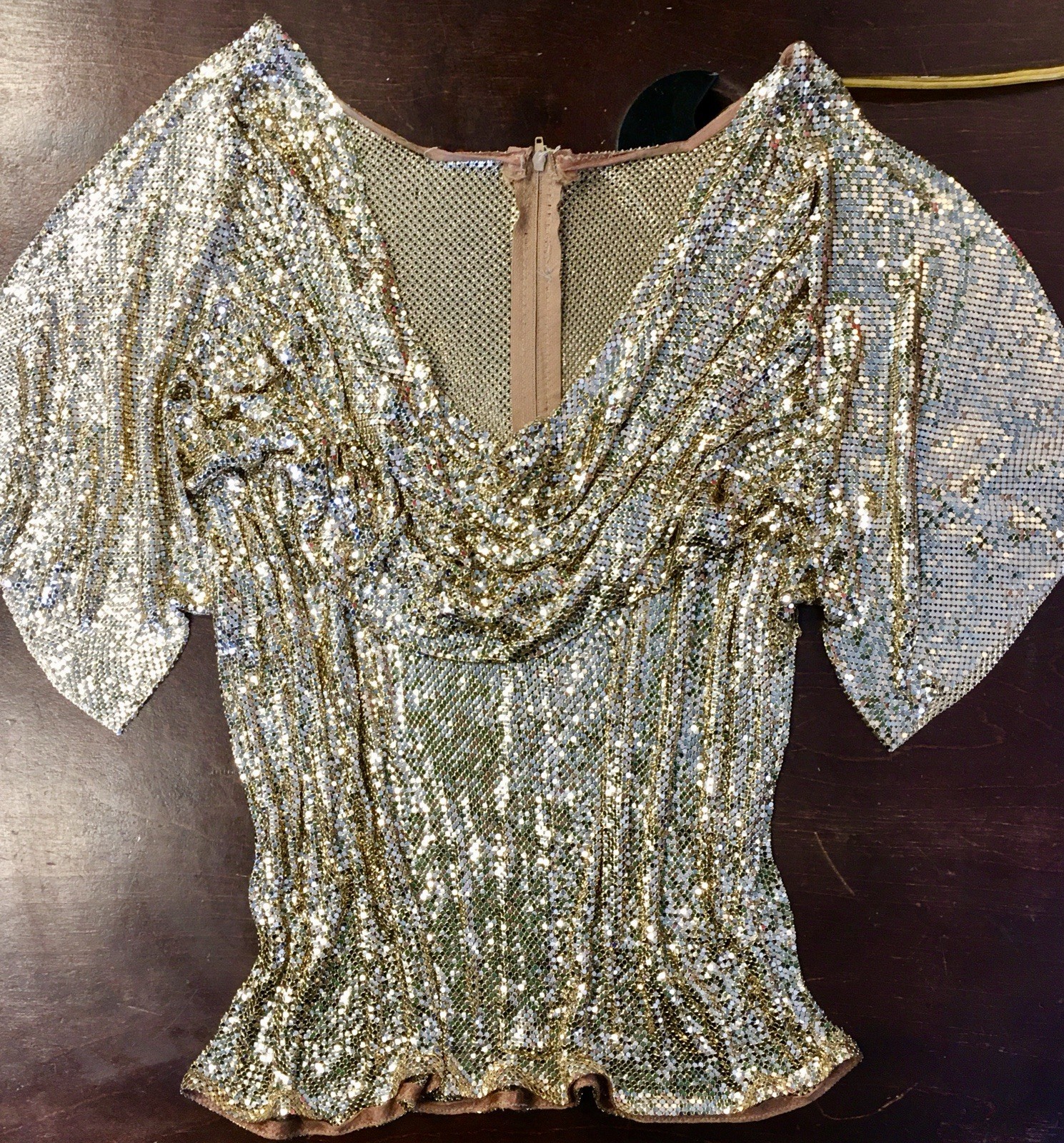 Whiting Davis Vintage Liquid Gold Mesh Chain Mail Draped Front Top 70s Disco S/M