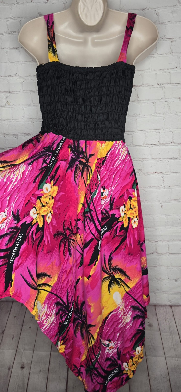 Vtg 90s Pink Black Smocked Tropical Jamaica Sundress Hankercheif Resort S/M