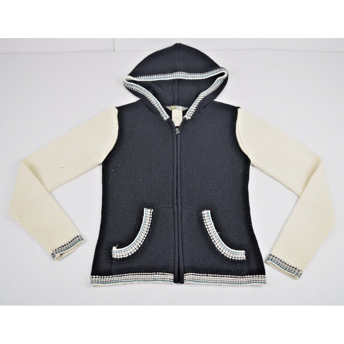 Vintage North Face Knit Sweater Size S/M 90s Black Ivory Green Trim Hood Zip Up