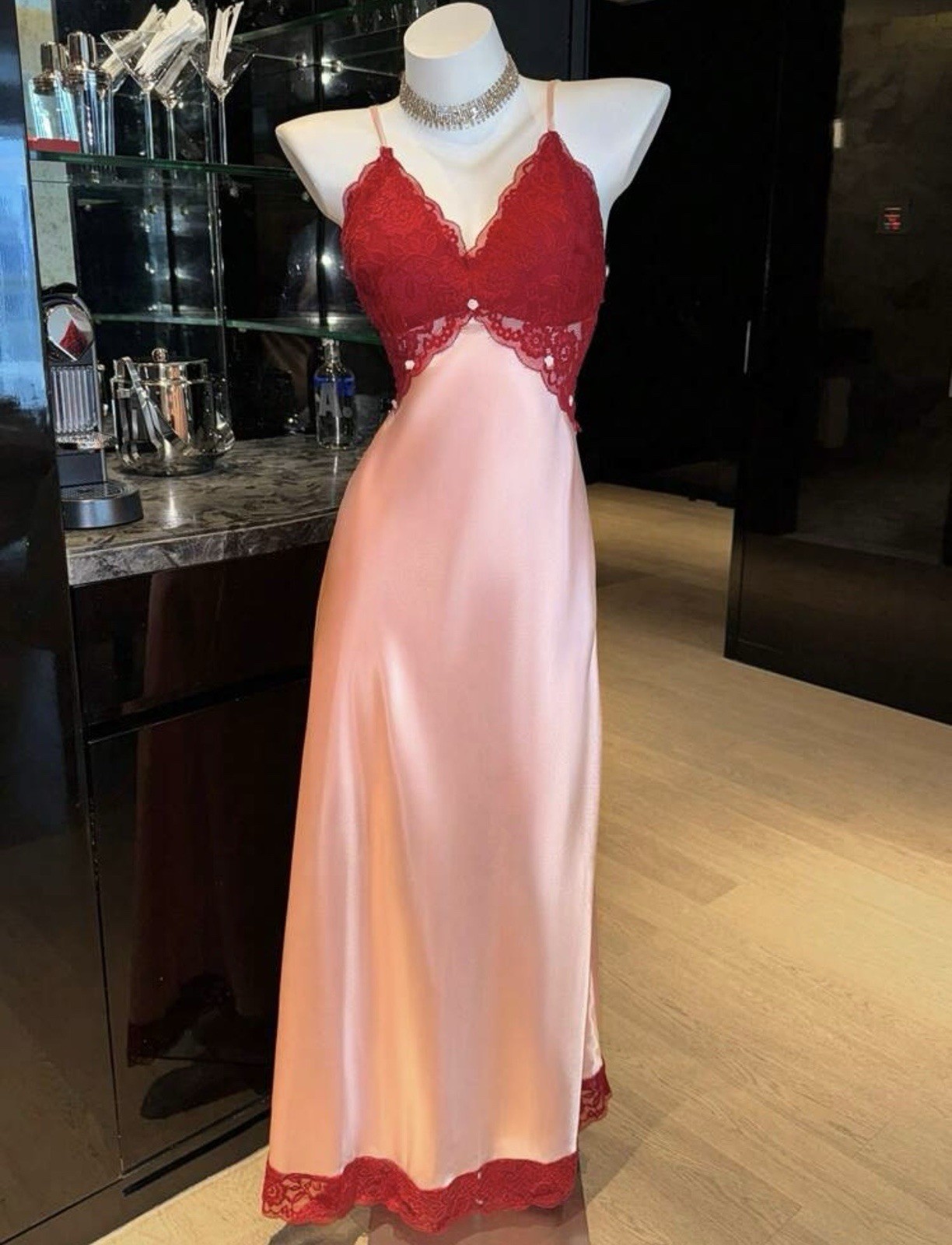 Secret Satin LONG Red Lace Trim NIGHTGOWN Full Slip Camisole GOWN Oily L NEW