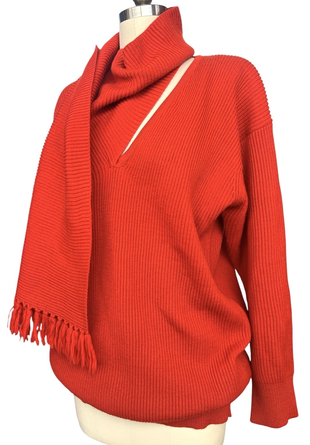 Vintage Adrienne Vittadini Red WoolSweater Scarf Wrap V Nk Minimalist 80s 90s S