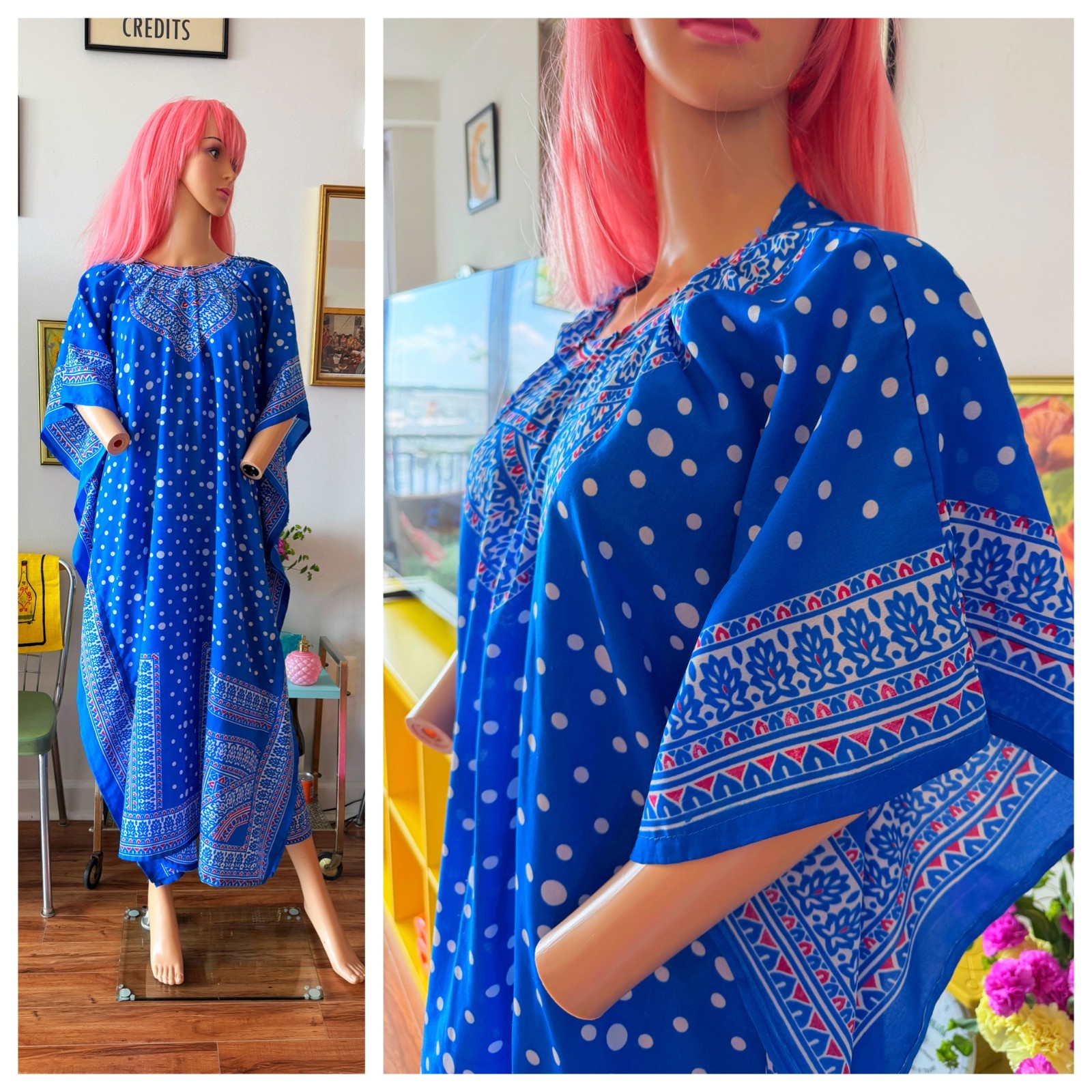 🦋 Vtg 70s Blue Polka Dot Kaftan Maxi Dress Goddess Hostess MuuMuu Batwing OS