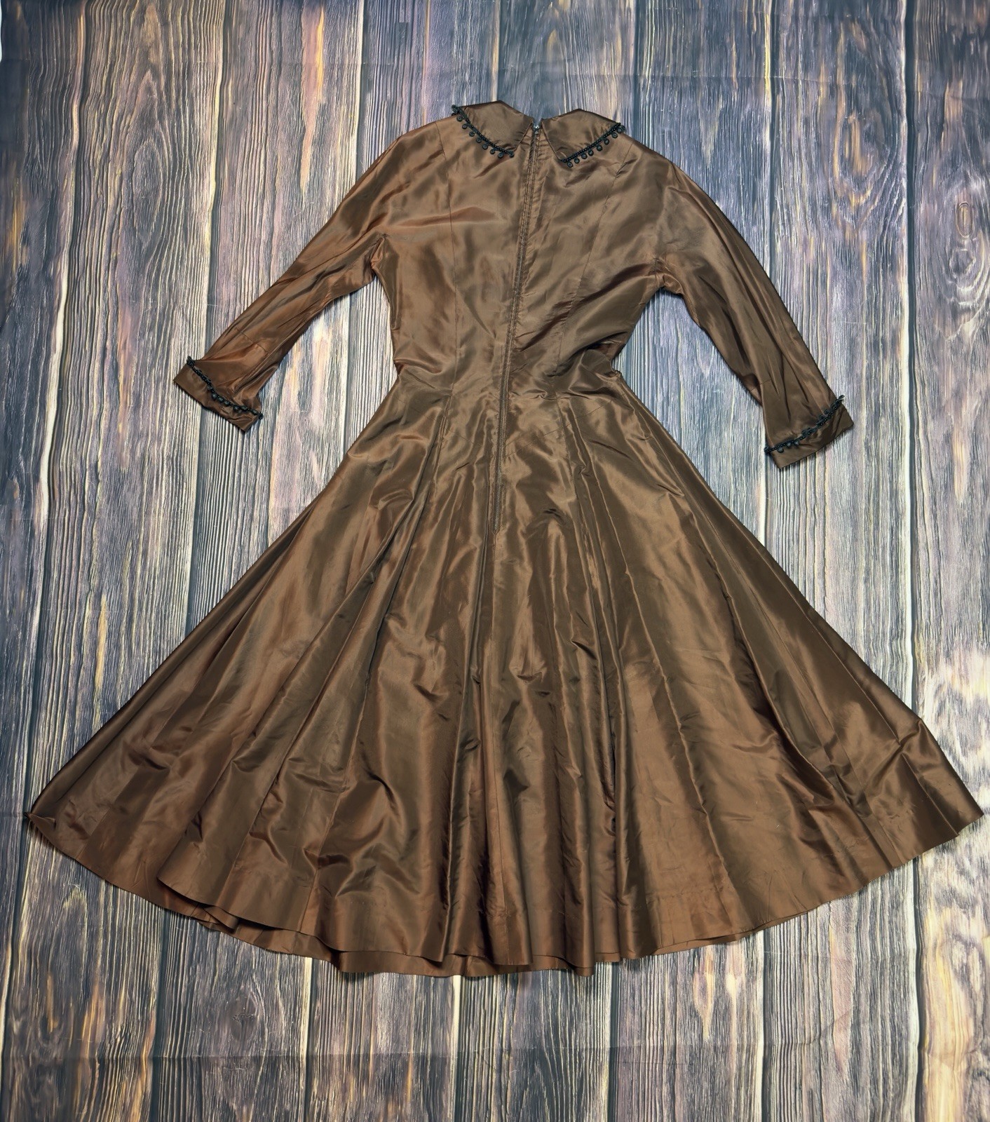 Vintage 50s Copper Victorian Goth Fit & Flare Cocktail Dress Beaded Collar SM/XS