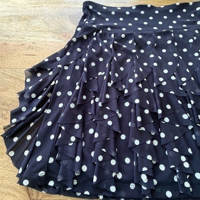 Vtg INC Polka Dot 2Pc Tank & Tiered Mini Skirt Navy Blue Ivory Ruffle Mesh S/M