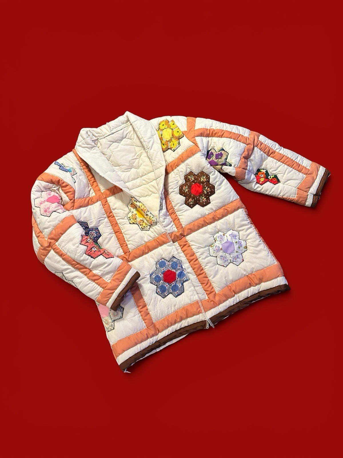 Vintage Flower Garden Handmade Quilt Jacket Coat 1970s Groovy Flower Power