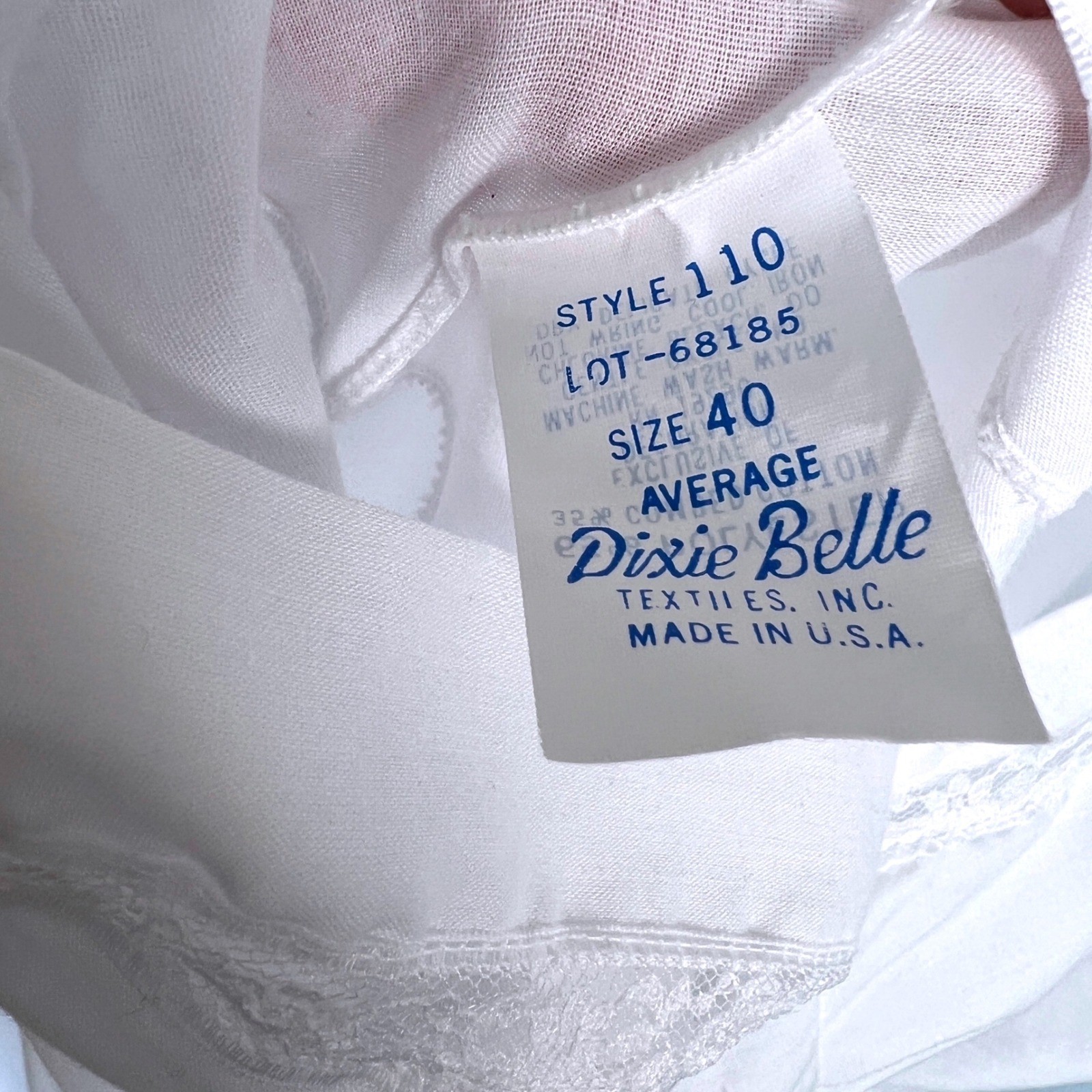 Dixie Belle Vintage White Lace Trim Full Slip Style 110 Size 40 Average USA Made