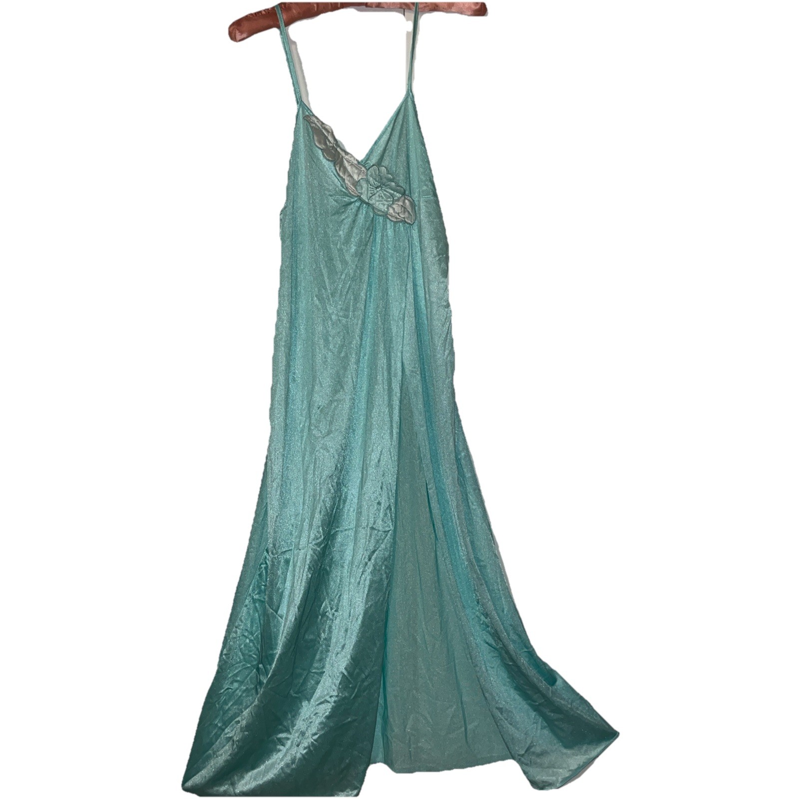 VTG Petra Fashions Maxi Nightgown Large Aqua Blue Thigh High Front Slit Floral