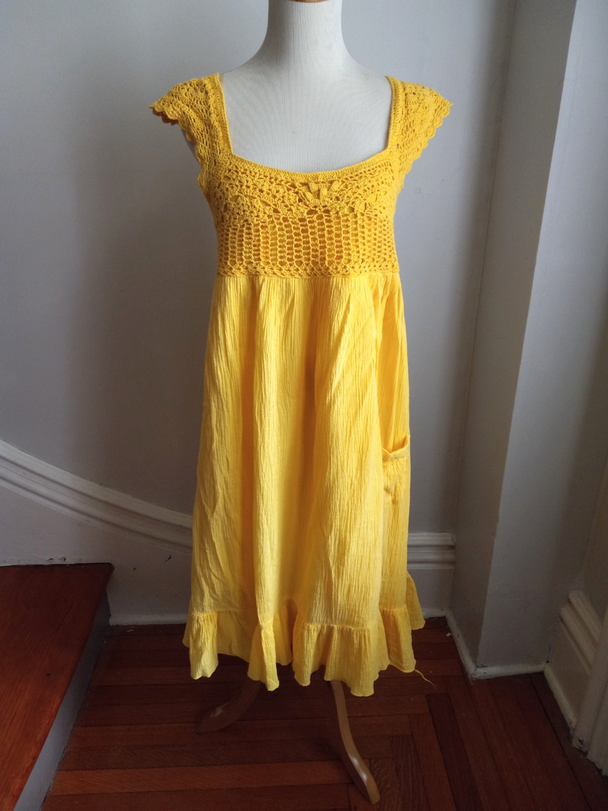 VINTAGE 70S CANDIE&rsquo;S YELLOW COTTON GAUZE CROCHET DRESS XL L