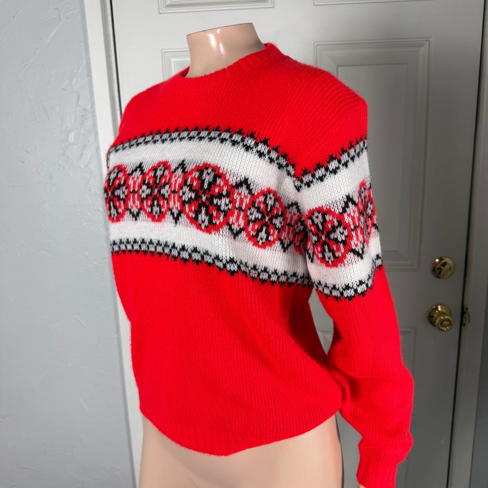 70s 80s Womens Sweater S Pullover Acrylic Printed Geometric Crew neck Knit E3-21