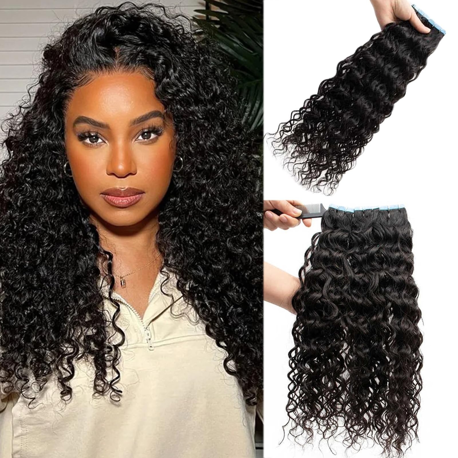 Water Wave Tape in Hair Extensions Natural Black Curly Real Human Hair 20PCS/50G