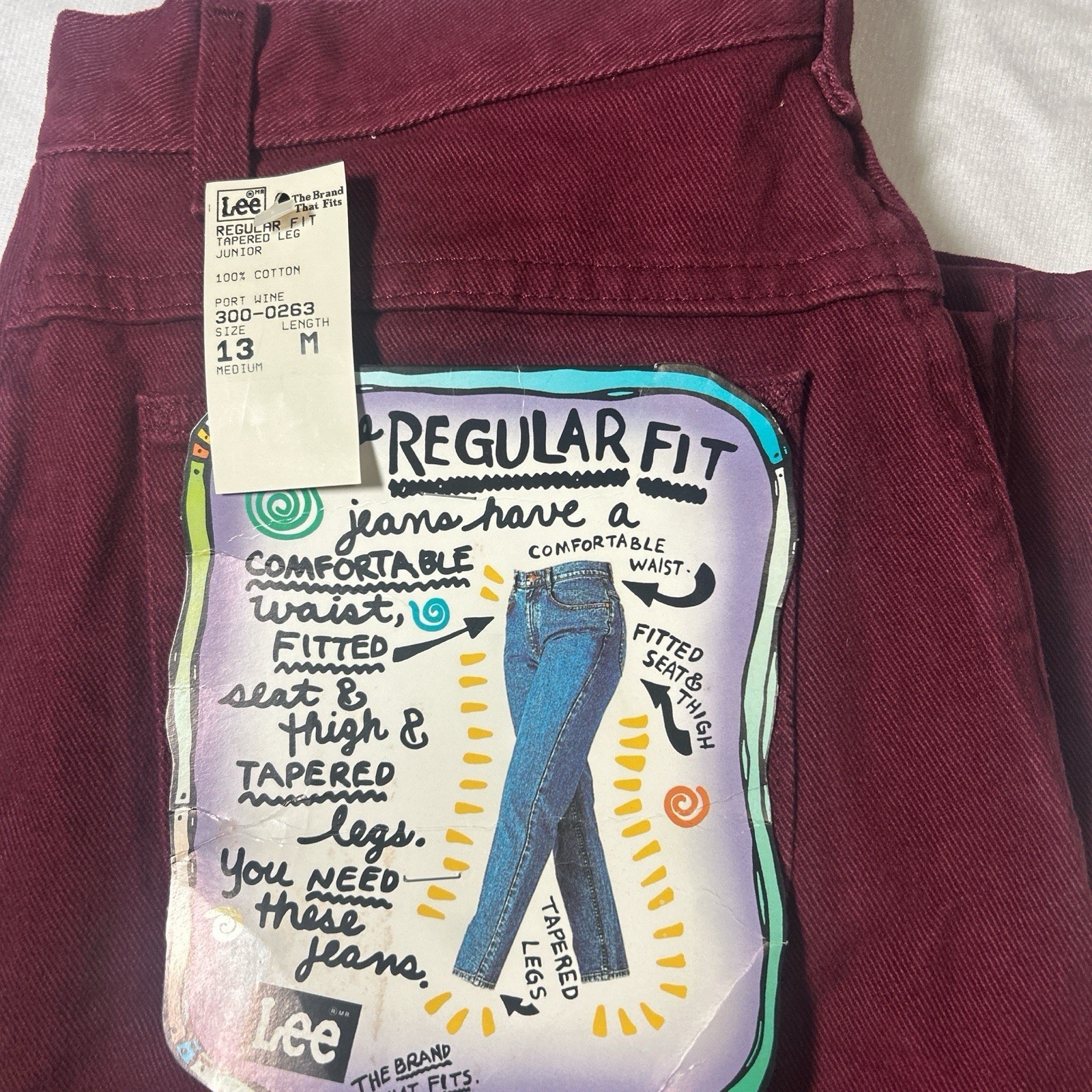Vintage Lee Jeans 13 Med Juniors Maroon Regular Fit Tapered Leg Made in USA 90s