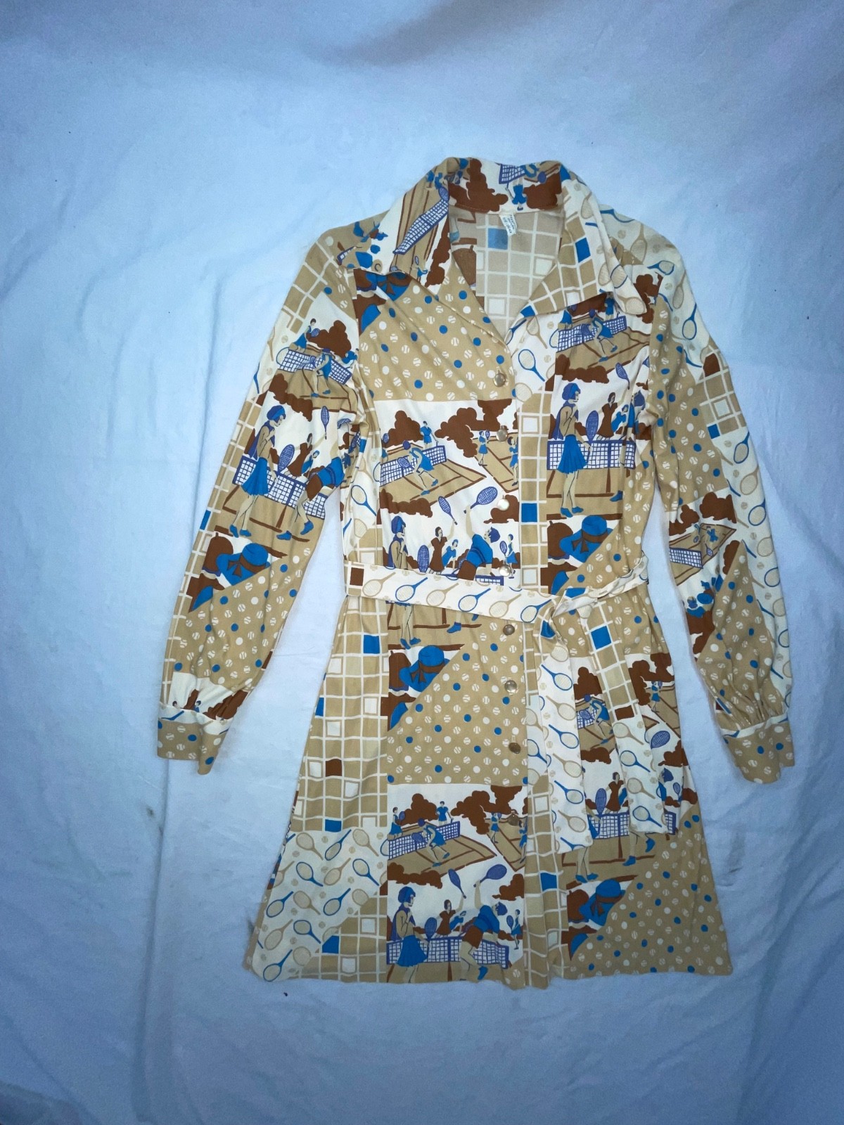VTG 60S 70S WOMENS S TENNIS ALL OVER PRINT DISCO RETRO FUN CUTE DRESS