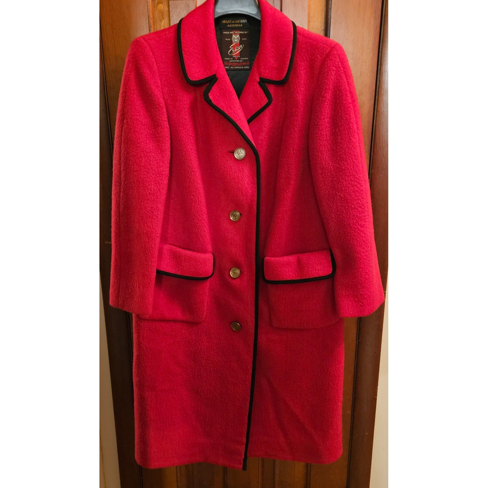 Erika Vienna Red Himalaya Wool Coat Black Trim Tyrolean Loden Co Austria Vintage