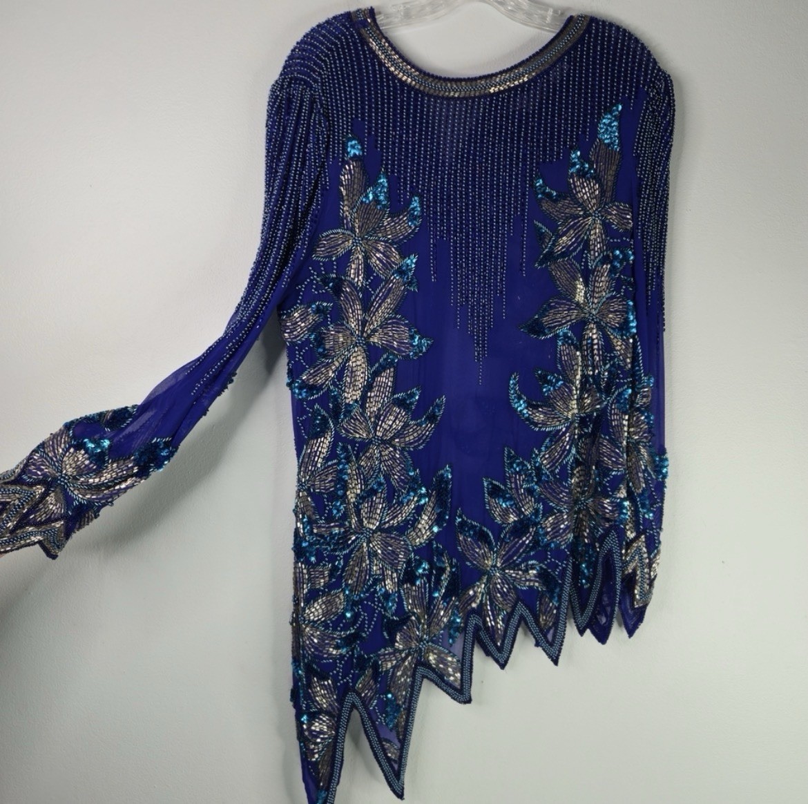 Vintage Black Tie Womens 16 Blue Beaded Sequin Silk Asymmetrical Hem Evening
