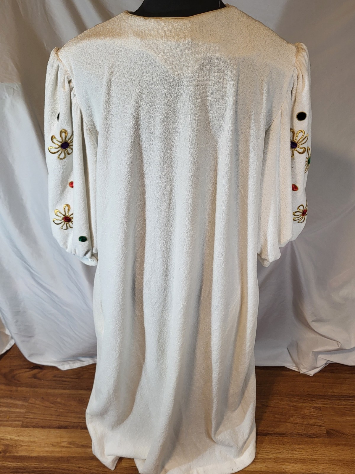 Vintage David Brown Ivory Embroidered Puffed Sleeves Mumu Dress Terrycloth