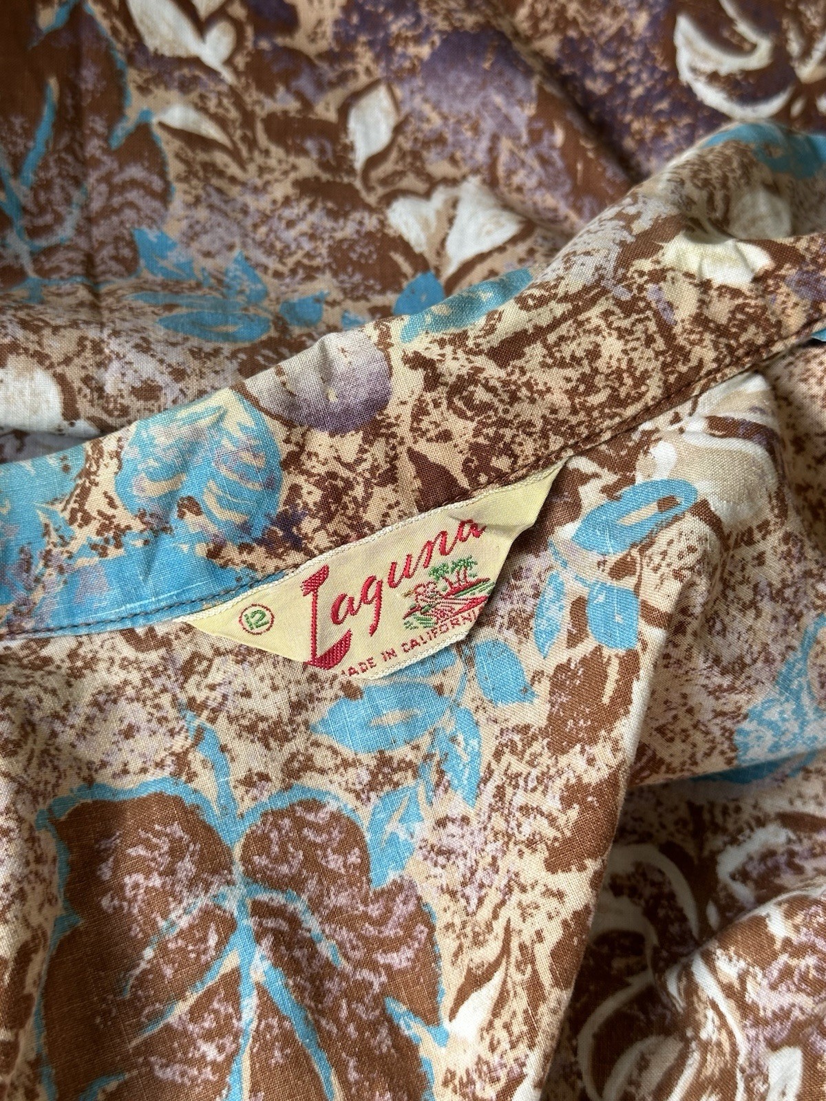 1940s Laguna Vintage Hawaiian Brown Blue Aqua Floral Surfer Button Up as is XS