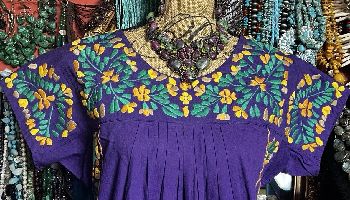 Beautiful Mexican Oaxacan Deep Purple With Multi Colored Embroidery M/L