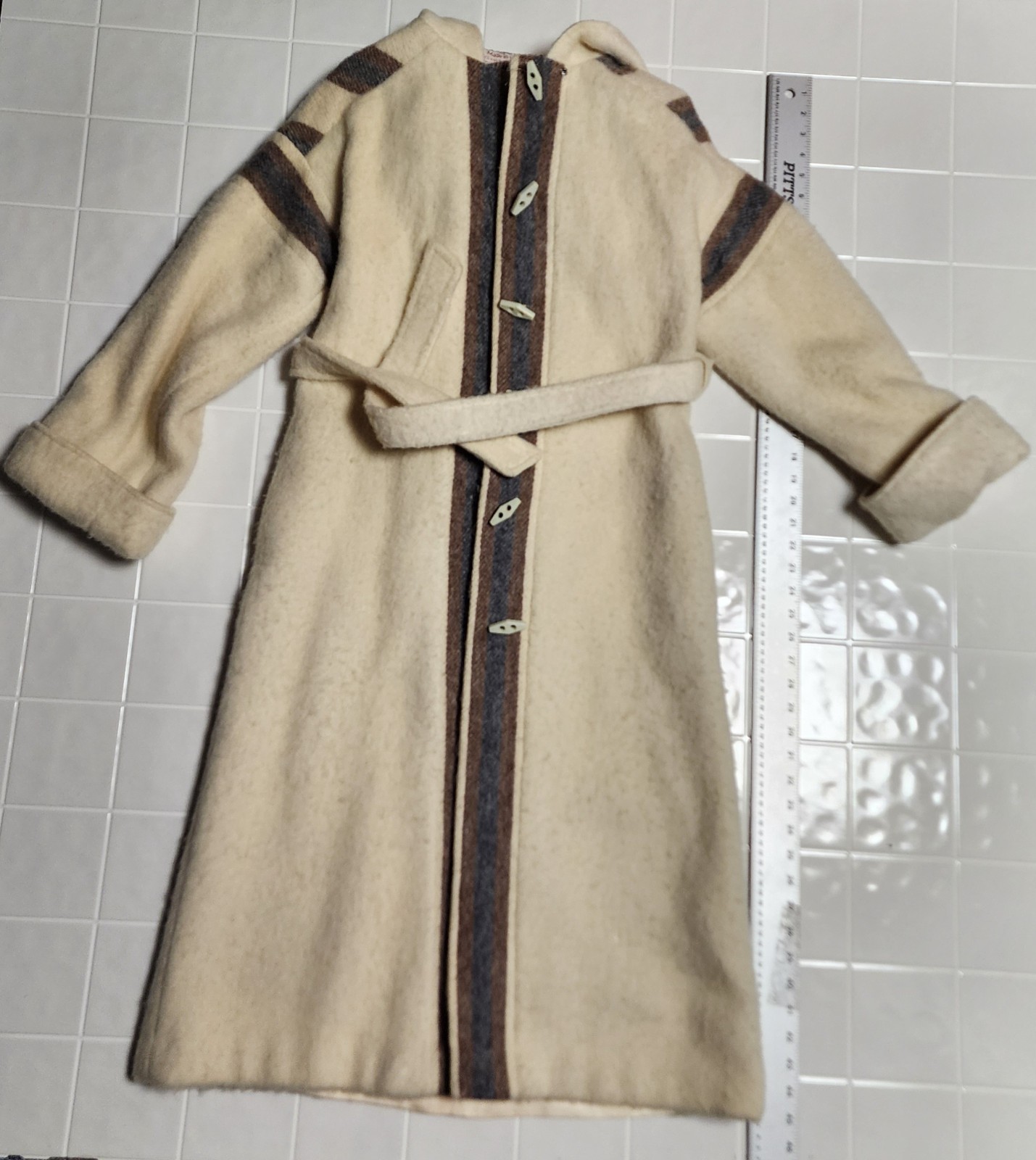 Hooded Vintage 100% Virgin Wool Casa De Lana Uruguay Coat Cream/Brown Size 5/6