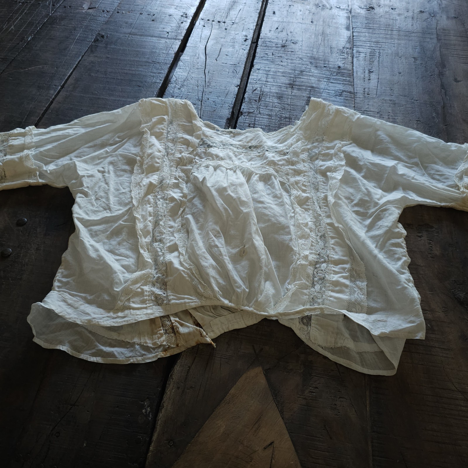 White Lace & Cotton Blouse w/ Floral Embroidery Antique 1910s Edwardian Shirt