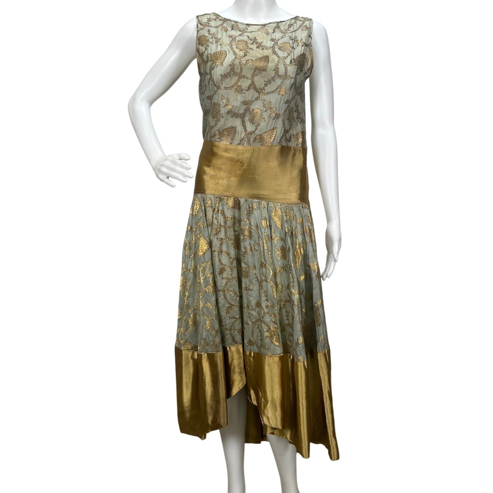 Antique 1920s Gold and Mint Green Dress Lame Embroidered Silk High Low Gatsby