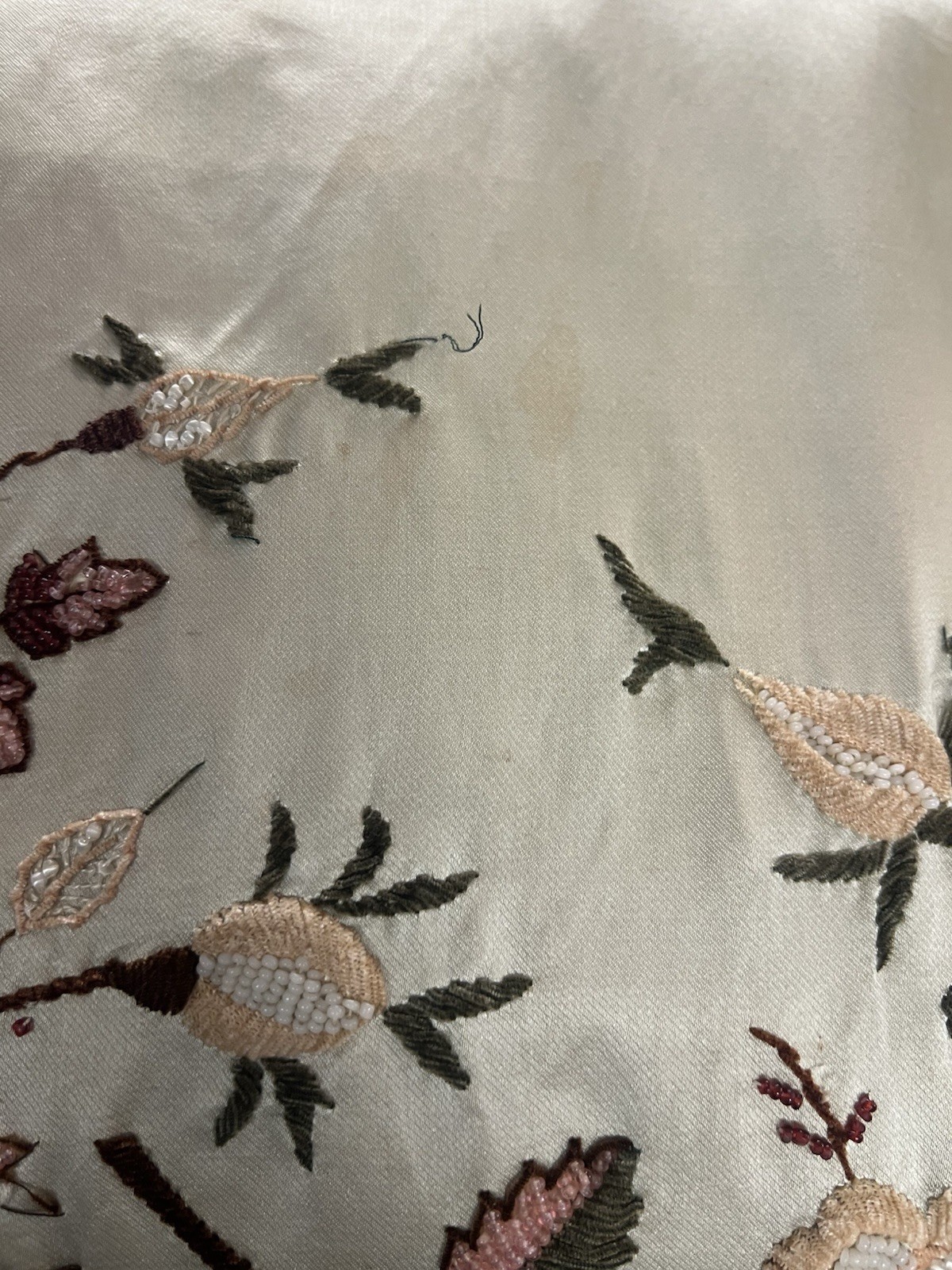 1880’s Light Celery Green Silk Bustle Skirt – Heavy Embroidered & Beaded Florals