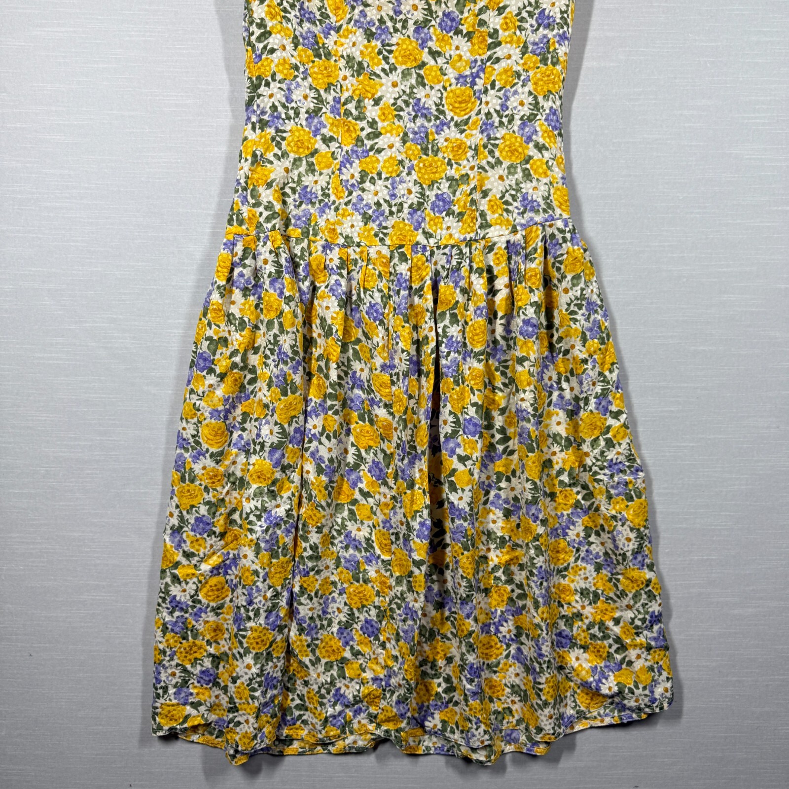 Vintage Maggy London Dress Womens 6 Yellow Button Up Pleated Romantic 80s Silk