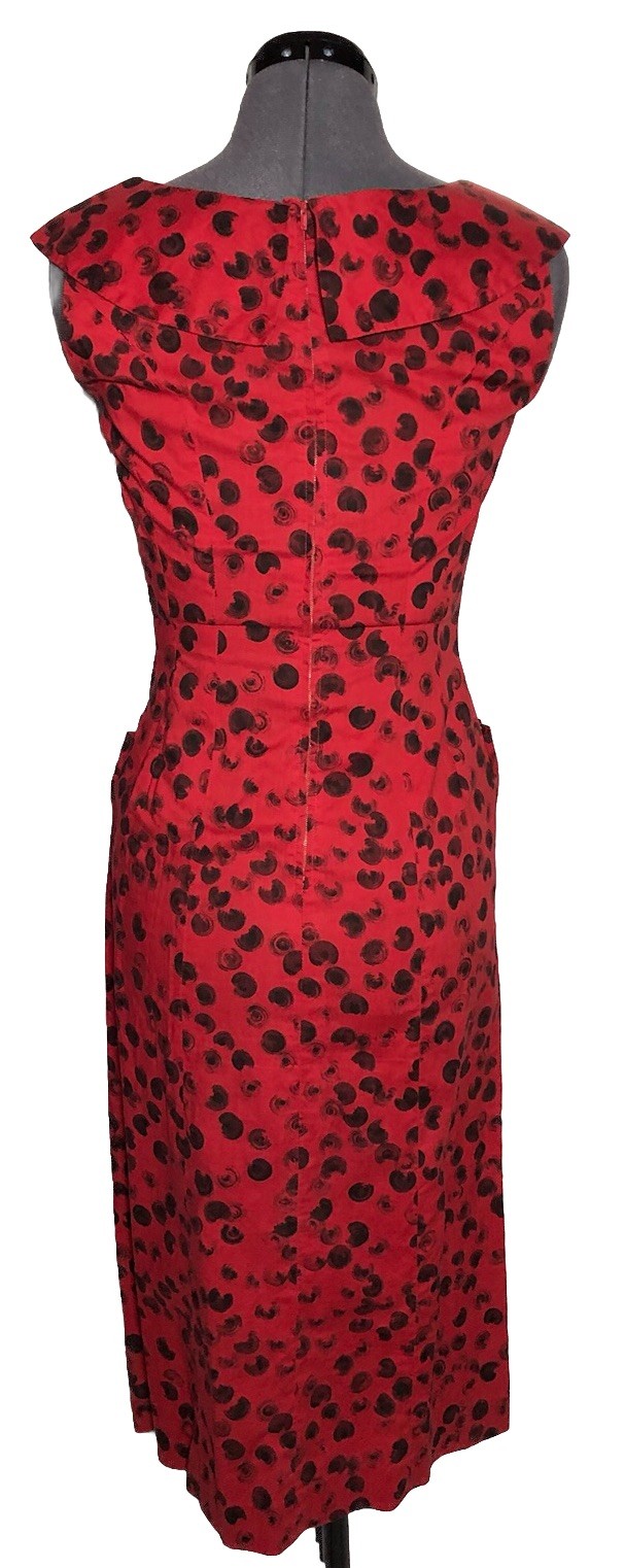 Vintage 1950s Red Black Abstract Polka Dot Wiggle Dress Pencil Skirt 33-26-34