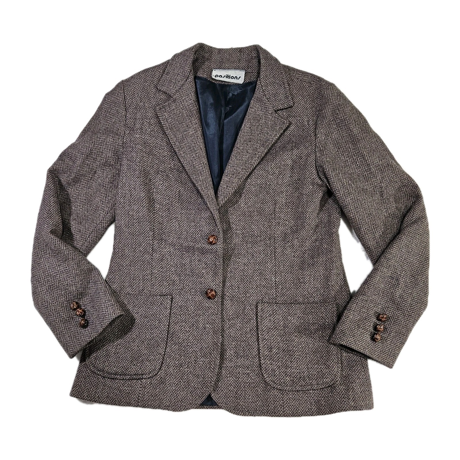 Vintage Positions Herringbone Tweed Blazer Jacket Brown Academic Woven Buttons S