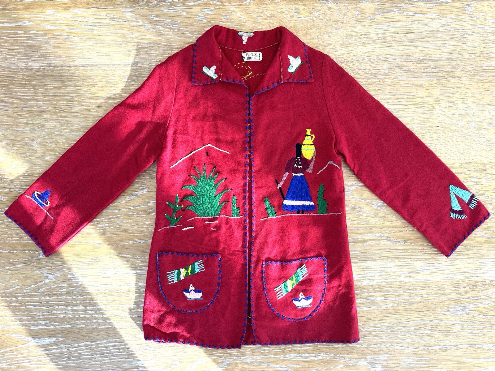 Vintage Lopez 40’s 50’s Mexican Hand Embroidered Wool Red Jacket Size XS/Small