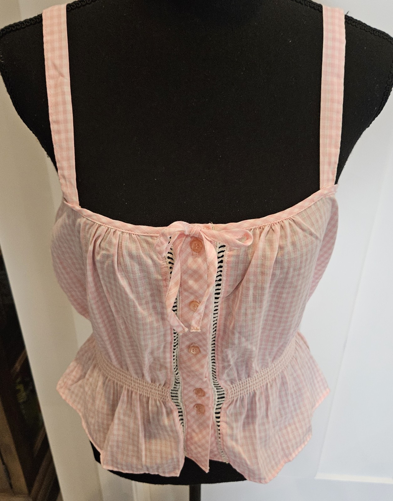 VTG 70s Bobbie Brooks Sleeveless Button Up Pink Gingham Halter Top Elastic Waist