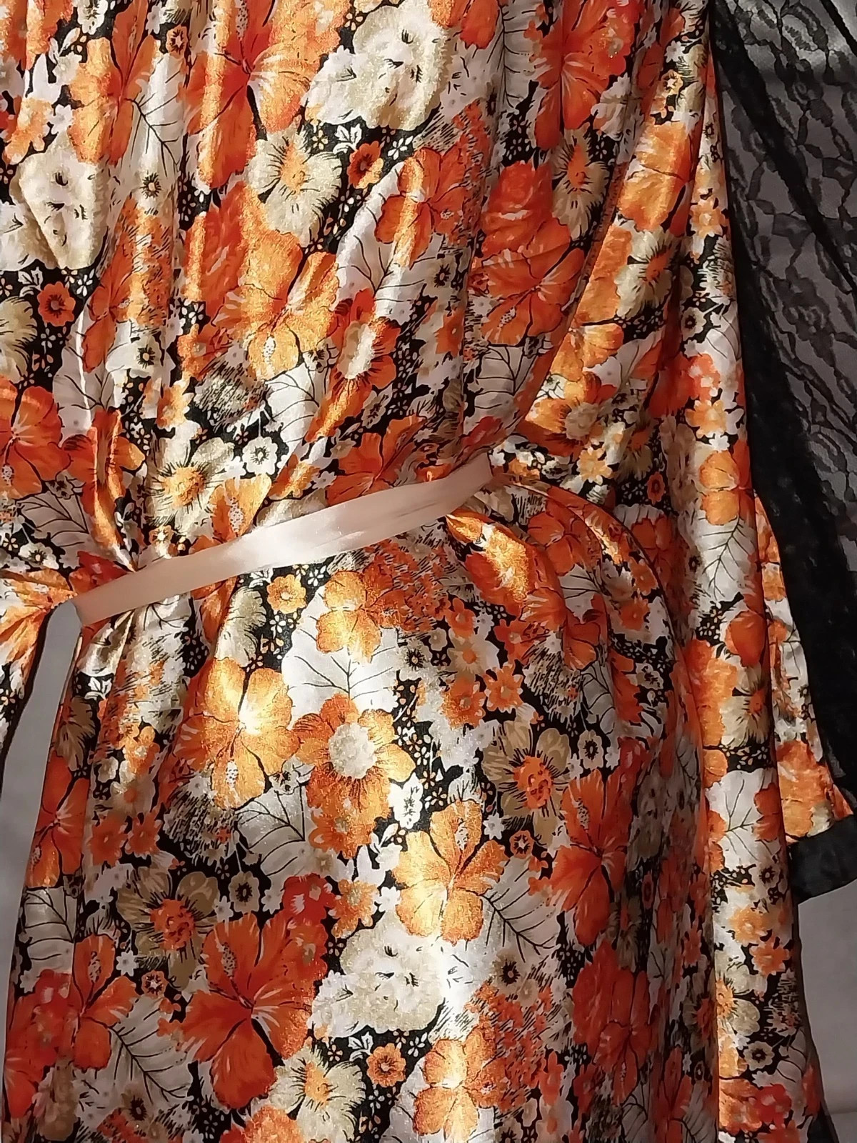 Vtg CAFTAN KIMONO SILVER ORANGE FLORAL LIQUID BALLON MAXI LONG DRESS GOWN 46 48