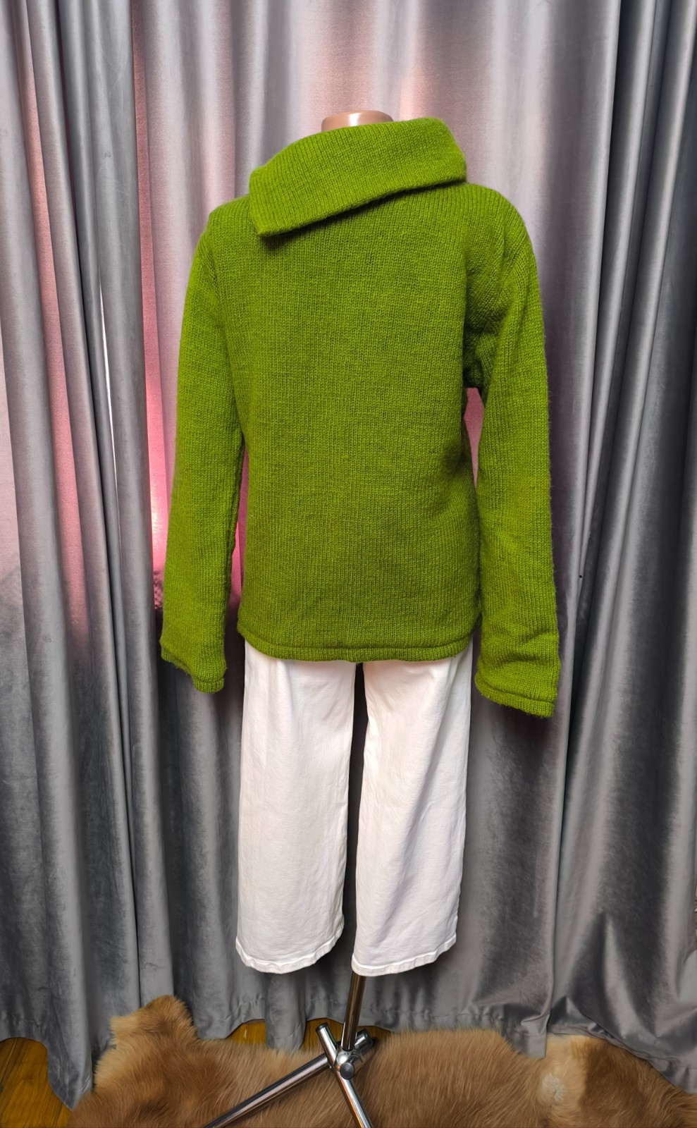 Vintage 100% Wool Green Cardigan Jacket Handmade Nepal Boho Lined L