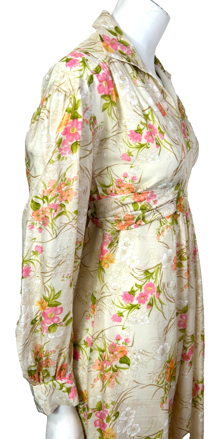 70s Floral Satin Hostess Dress Size Medium Maxi Collared V-Neck Long Sleeve EUC