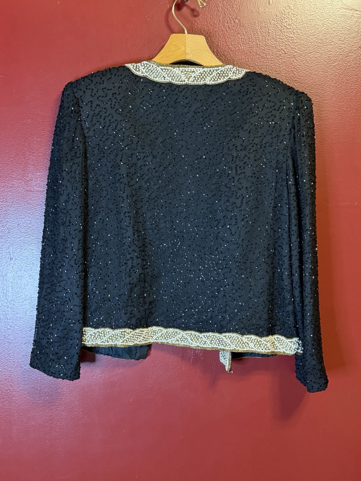 Vintage 80s Silk Beaded Jacket Black Gold Size PM