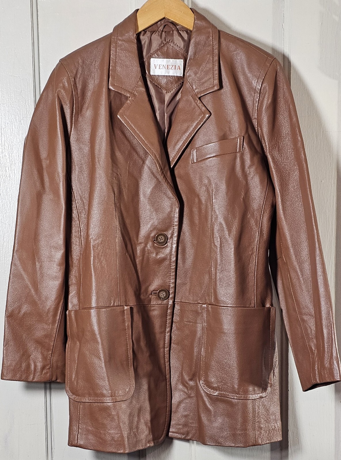 VTG 80&rsquo;s Leather Jacket Venezia Vitale Women Plus 44&Prime; Chest Brown Shoulder Pads
