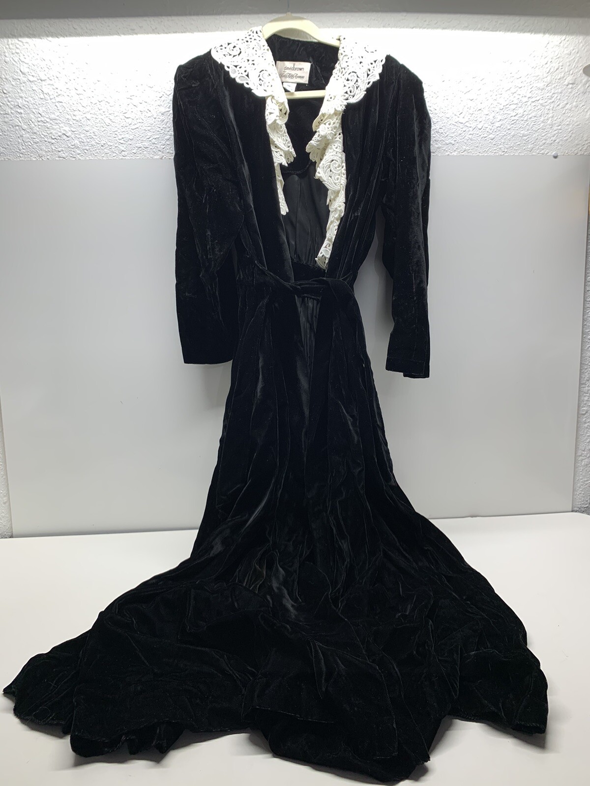 Vintage David Brown Saks Fifth Avenue Black Velvet Lace Dressing Gown Night Gown
