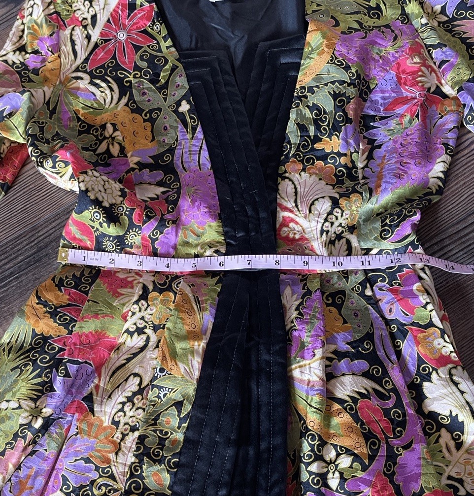 Vintage Luxury Silk Floral Coat Dress Quilted Trim Stanley Platos Martin Ross