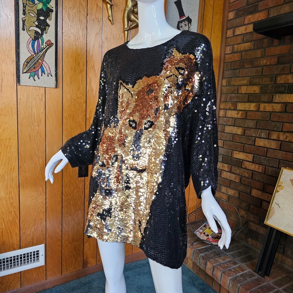 Vintage 80s Disco Panther Sequin Evening Cocktail Party Micro Mini Dress M/L/XL