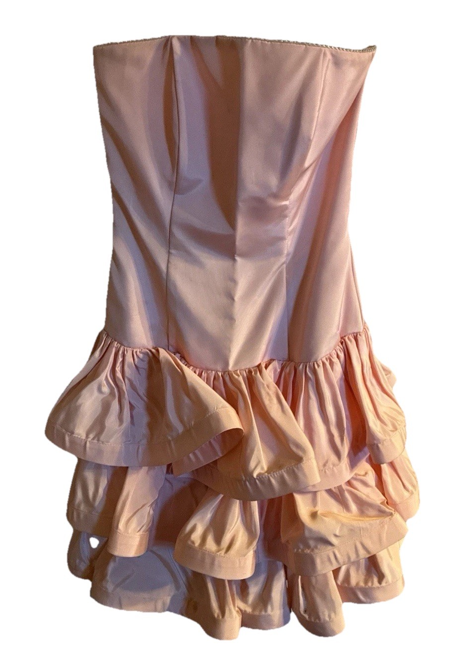 VTG 80s Blush Pink satin drop V waist Strapless Layered ruffle mini Party dress