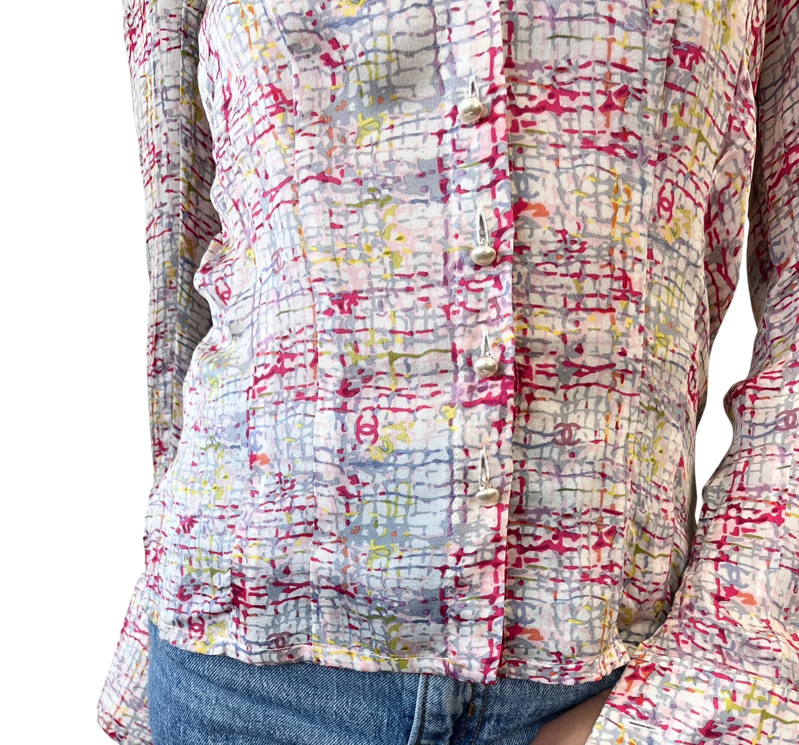 CHANEL Vintage 05C CC Tweed Print Shirt Blouse Top #34 Multicolor Silk 901994